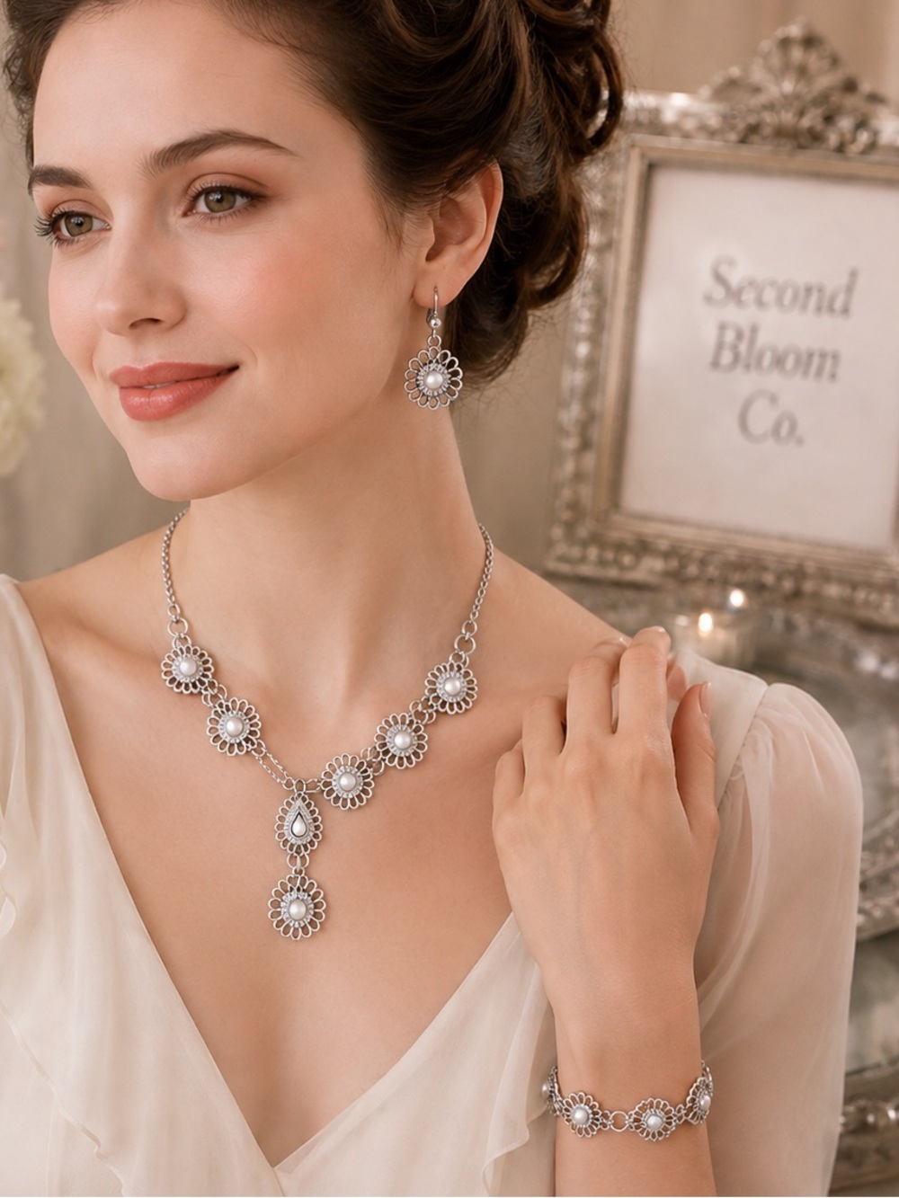 Vintage Silver Tone Faux Pearl Floral Necklace Bracelet & Earrings Jewelry Set